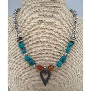 Artisan Handcrafted Turquoise Carnelian Bone Bead Heart Necklace